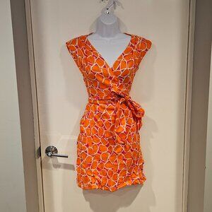 DVF Maia Wrap Dress, Pebble Design, Linen, Orange Pink & White, Pockets, Size S